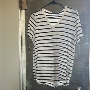 GAP White V-Neck Short Sleeve Tee with Navy Stripes